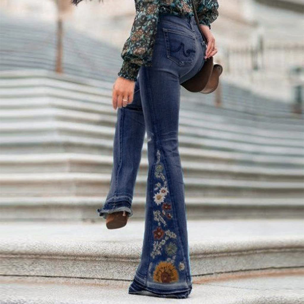 Bell Bottom Jeans for Women, Women's Floral Embroidered High